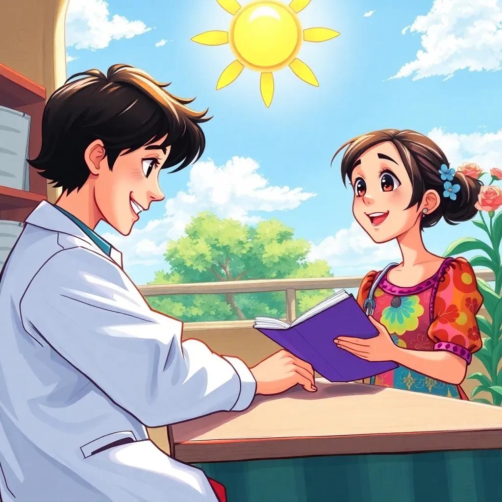 A sunny day, a curious girl with short black hair and a colorful dress, sitting at a table with a friendly doctor, smiling, holding a notebook, bright colors, cheerful atmosphere, detailed illustration