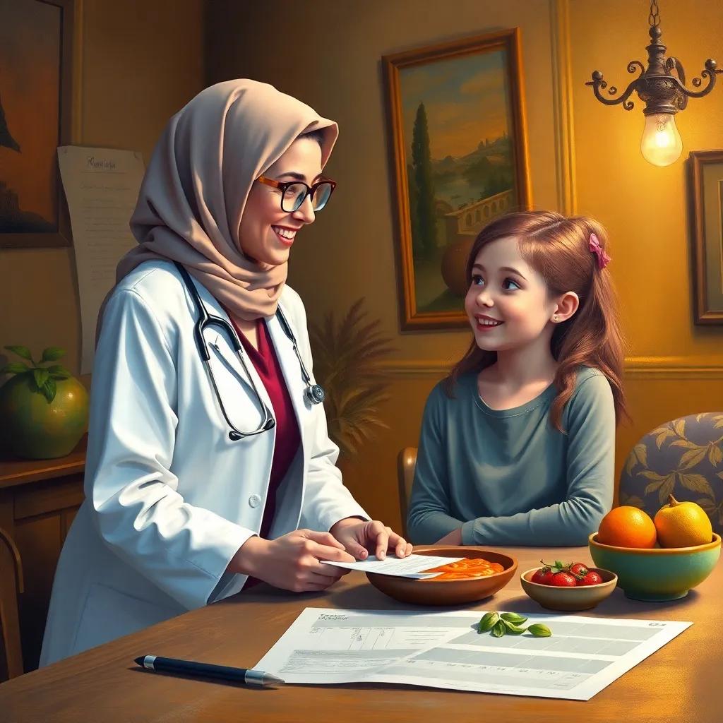 The friendly doctor, Dr. Sarah, an Arabic woman in her 30s, wearing a white coat and glasses, speaking to an eager girl at a table, with medical charts and healthy foods around, warm lighting, informative vibe, lively