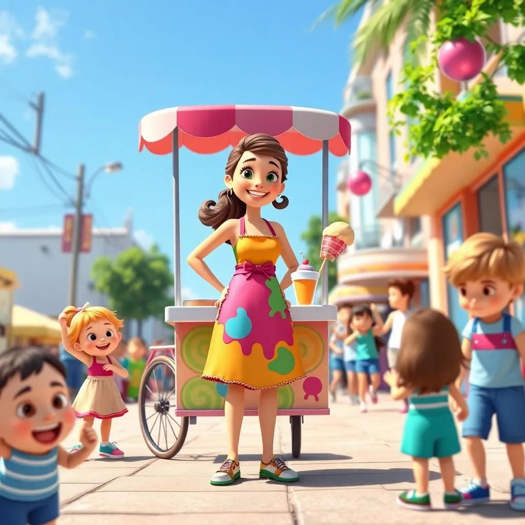 A cheerful ice cream vendor, Ali, with a colorful ice cream cart, wearing a bright apron, standing on a sunny street, surrounded by happy children, digital art, colorful, joyful scene, inviting atmosphere, high quality