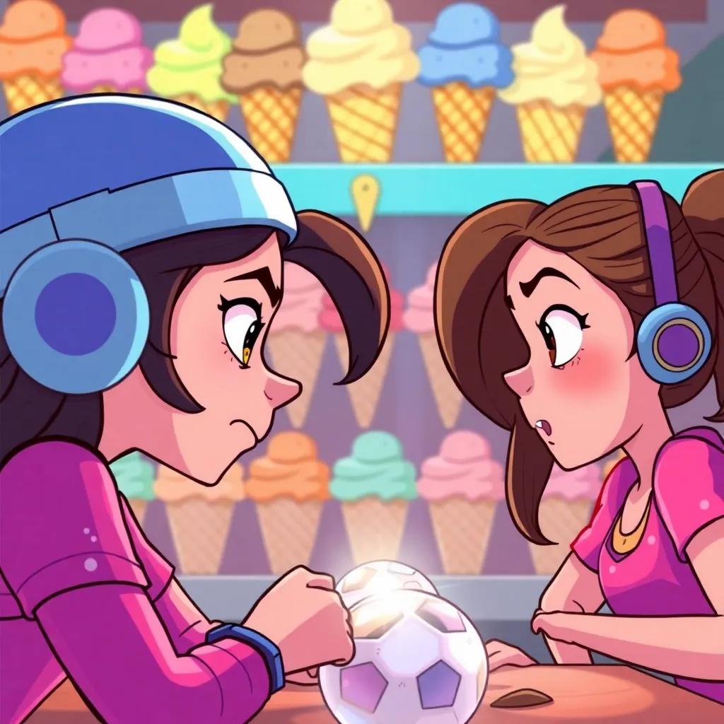 An intense game scene between Sarah and Ali, with colorful ice cream cones in the backdrop, Sarah looking focused and determined, illustration, fun, colorful competition, lively mood, high quality