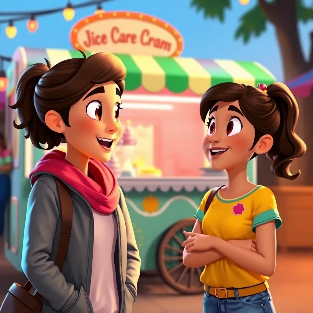 An exciting moment when Sarah proposes a new game idea to Ali, both looking intrigued, colorful ice cream cart in the background, warm colors, storytelling moment, high quality