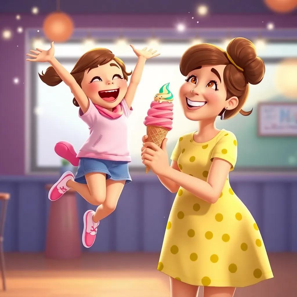 A jubilant scene of Sarah winning the ice cream, jumping in joy, with Ali smiling and giving her a colorful ice cream cone, bright and cheerful atmosphere, sparkling colors, heartwarming moment, high quality