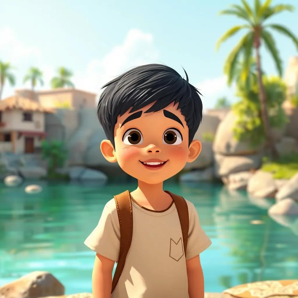 A young Arab boy, مقداد الشاكر, with short black hair, wearing simple village clothes, standing by the زاب River on a sunny day with his friend, excitement in his eyes, bright atmosphere, illustration, cheerful, engaging story, child-friendly