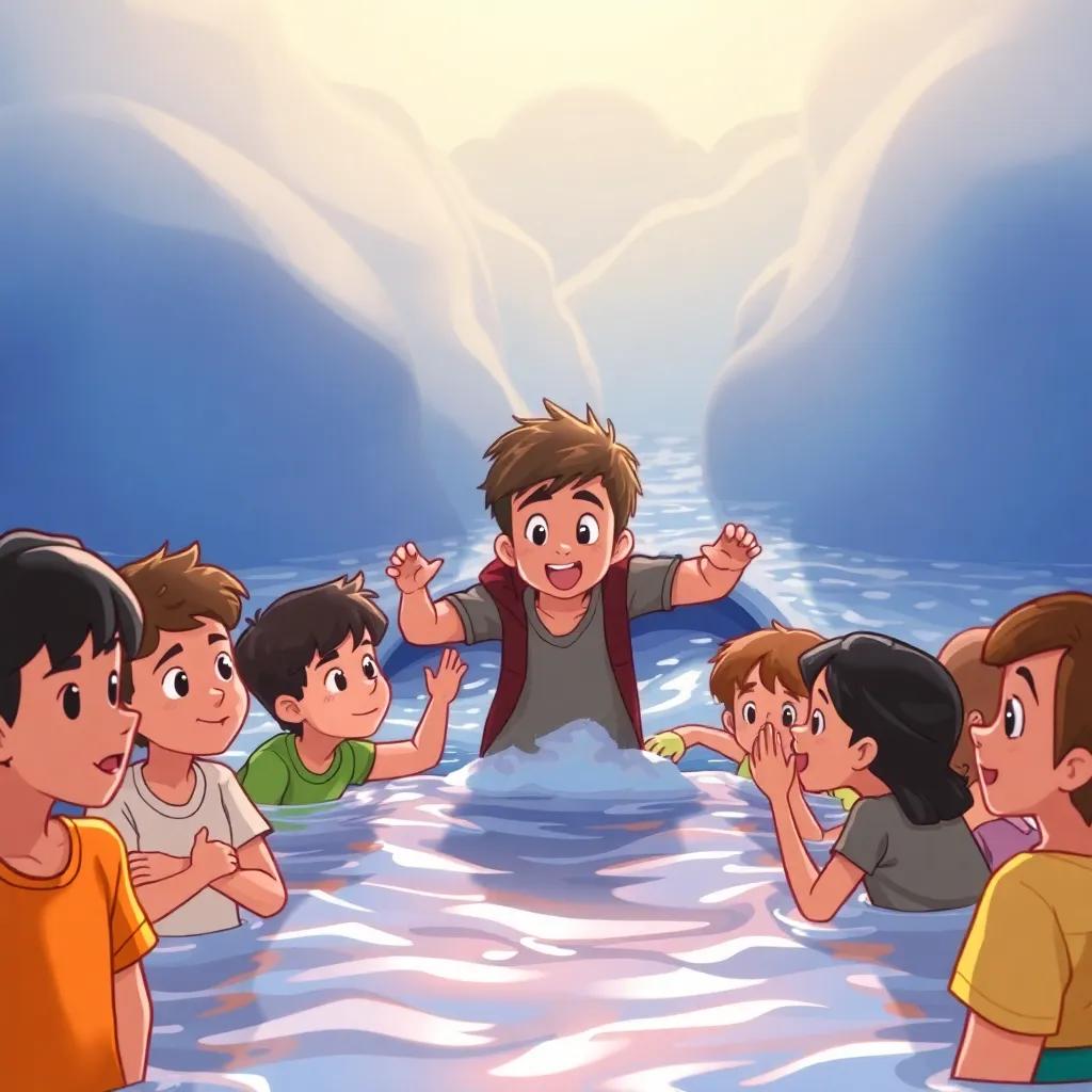 مقداد الشاكر, now a young teen with short hair, receiving help from his friends during the big flood, everyone uniting to build a new bridge together, determination in their expressions, illustration, warm light, community spirit, uplifting