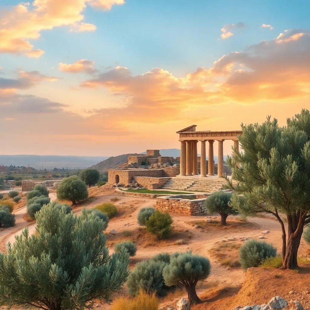A beautiful landscape of Palestine, showcasing ancient ruins and olive trees, digital art, warm colors, inviting atmosphere, high quality
