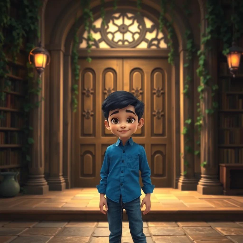 A young Arab boy, Sami, with short black hair, wearing a blue shirt and jeans, standing in front of an old library with tall wooden doors and vines hanging down, inviting atmosphere, detailed digital art, warm light, whimsical look, high quality