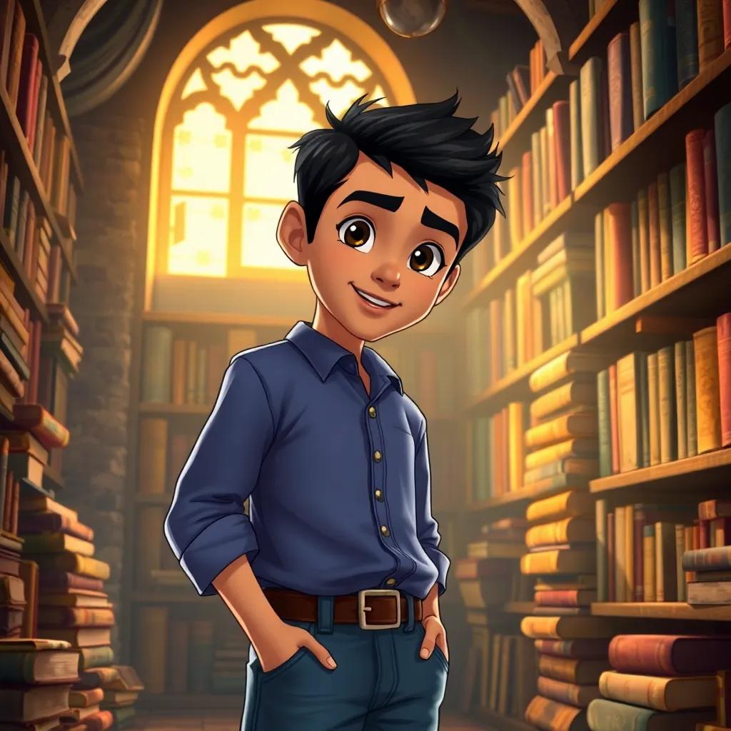 Sami, a young Arab boy with short black hair, wearing a blue shirt and jeans, inside the old library filled with colorful, ancient books, warm light filtering through dusty windows, enchanted look, illustration, cozy and magical