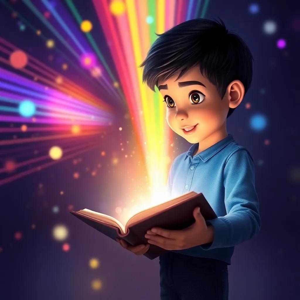 Sami, a young Arab boy with short black hair, wearing a blue shirt and jeans, opening a bright, glowing book as colorful rays of light swirl around him, transitioning to a new magical world, vibrant colors, fantasy atmosphere, high quality