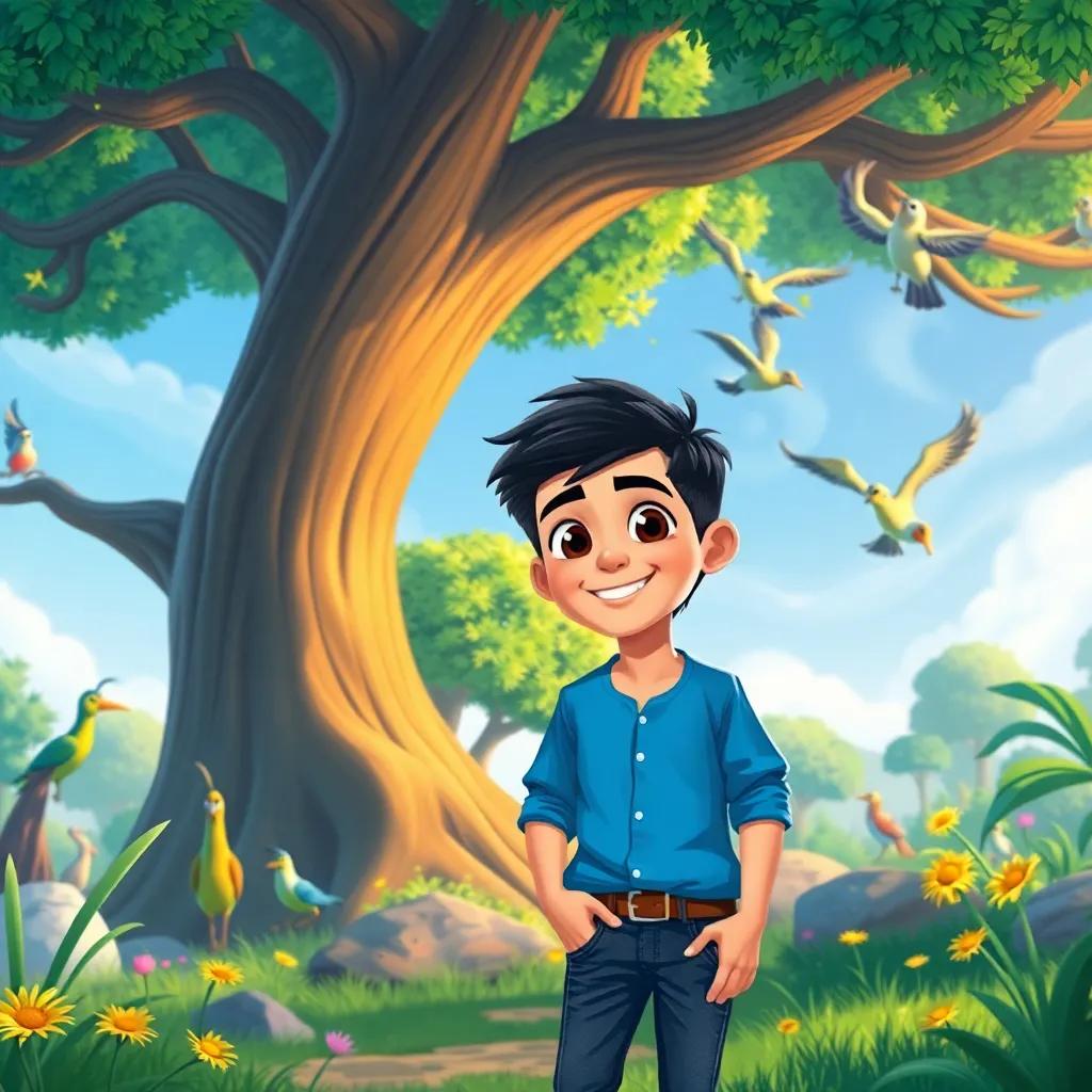 Sami, a young Arab boy with short black hair, wearing a blue shirt and jeans, in a magical world with giant trees and talking birds, vibrant and lively atmosphere, child-friendly illustration, joyful and adventurous