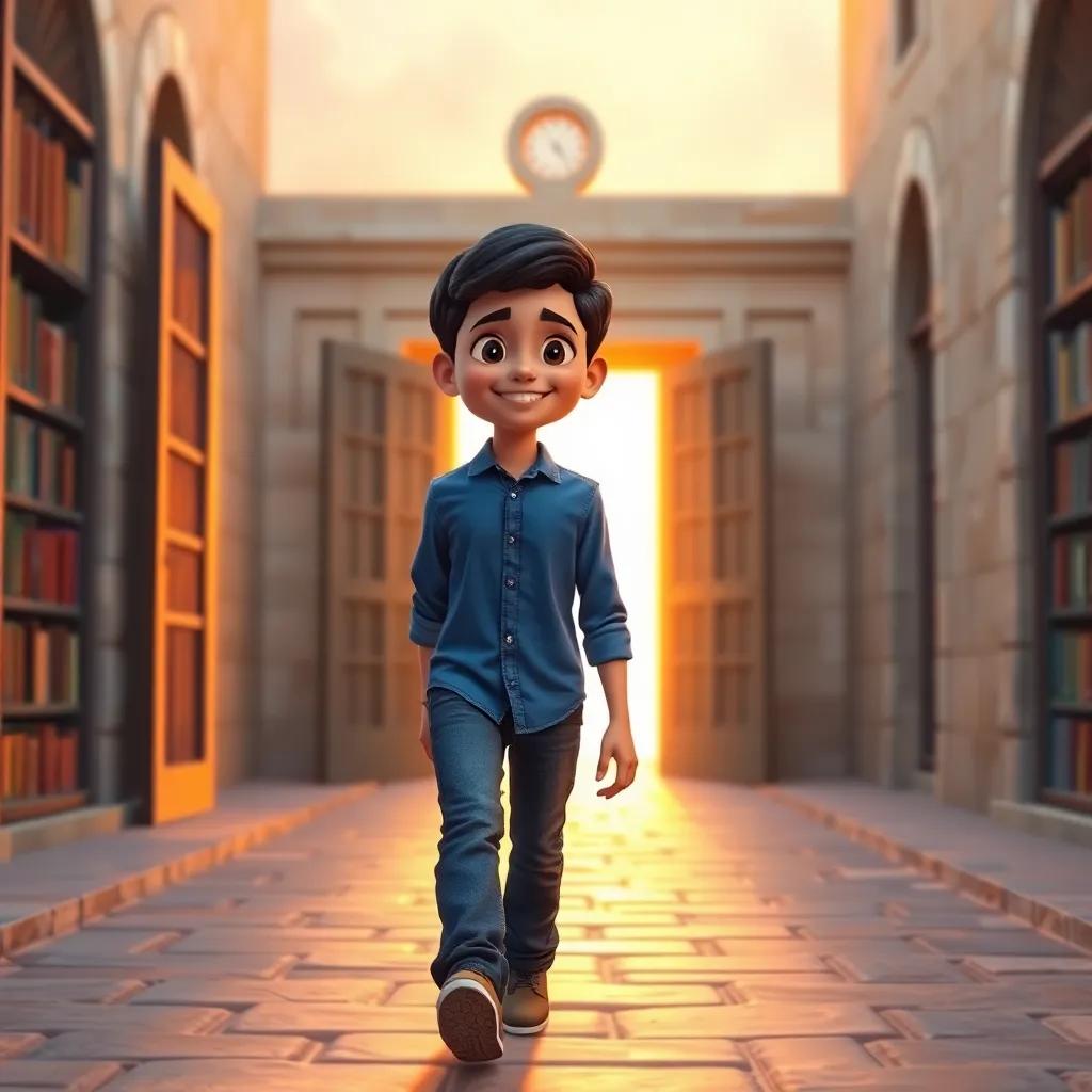 Sami, a young Arab boy with short black hair, wearing a blue shirt and jeans, walking back to the old library with a content smile, the library doors closing gently behind him, warm sunset glow, nostalgic feeling, high quality