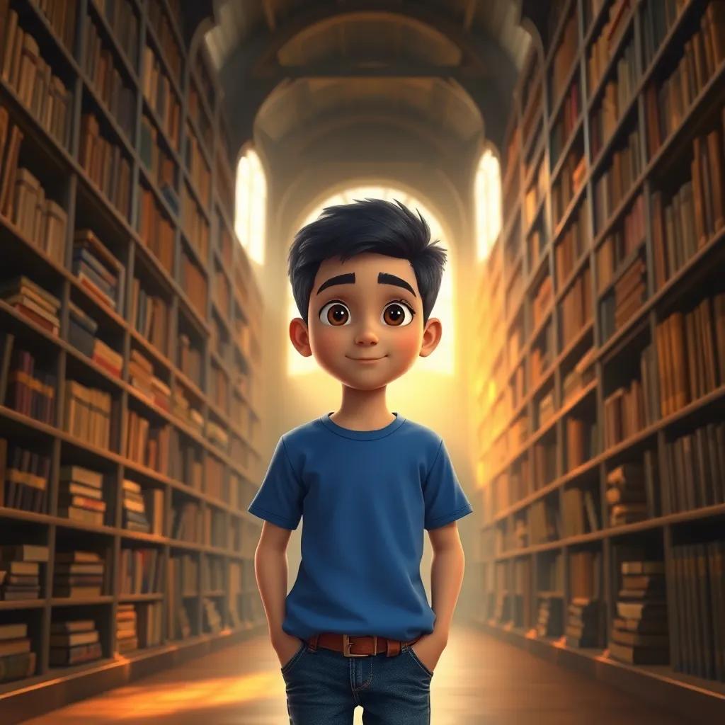 A young Arab boy, Sami, with short dark hair and wearing a blue t-shirt and jeans, entering a large, mysterious old library filled with towering shelves of books and soft golden light, digital art, inviting, warm atmosphere, high quality