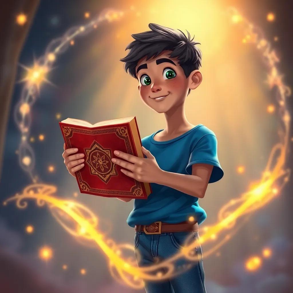 Sami, a young Arab boy with short dark hair in a blue t-shirt and jeans, holding an ancient decorated red book with golden embellishments, surrounded by glowing lights and swirling magic, illustration, whimsical and enchanting scene, vibrant colors, high quality