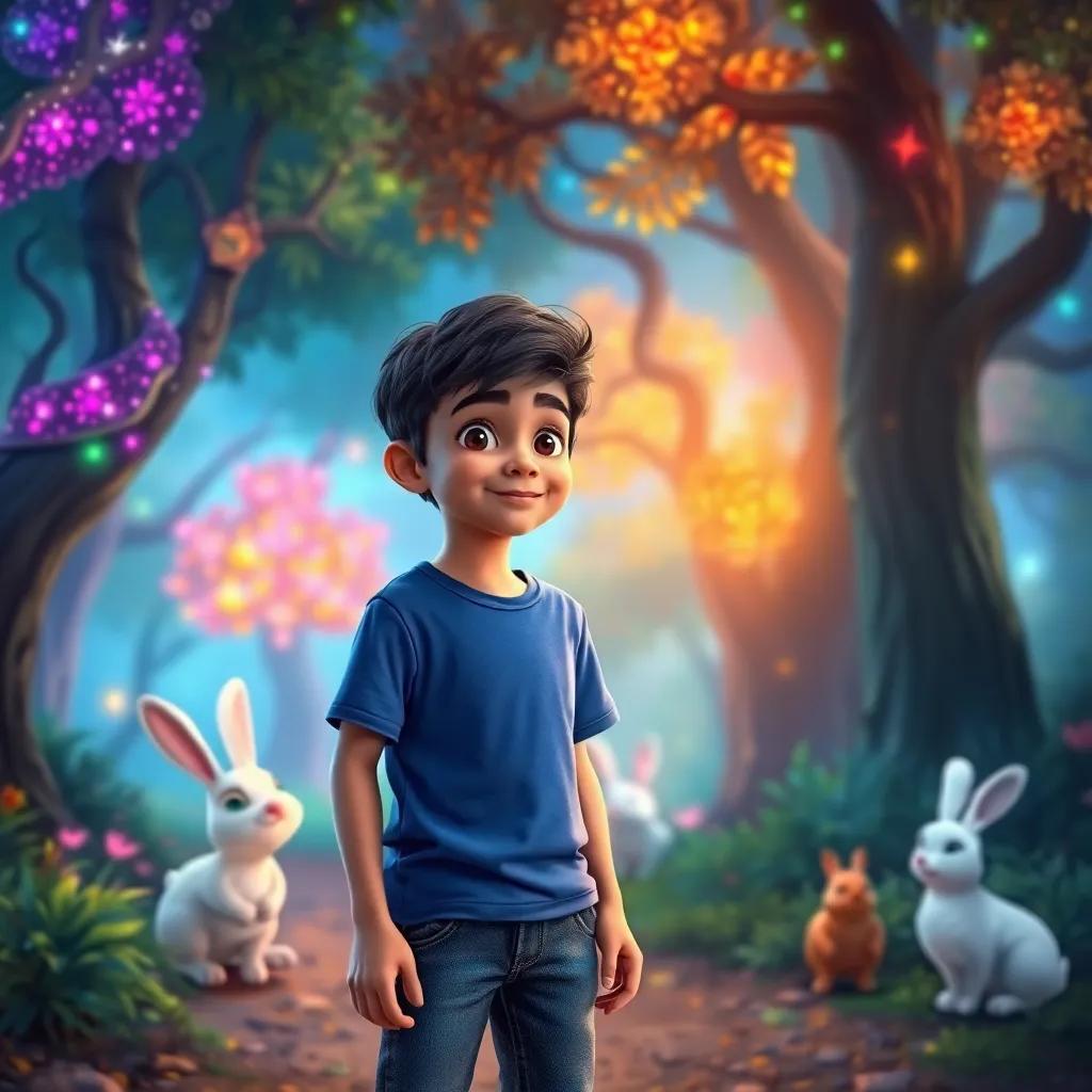 Sami, a young Arab boy with short dark hair in a blue t-shirt and jeans, standing in a magical forest with sparkling colorful trees and talking animals like rabbits and birds, playful and joyous atmosphere, captivating imagery, digital painting