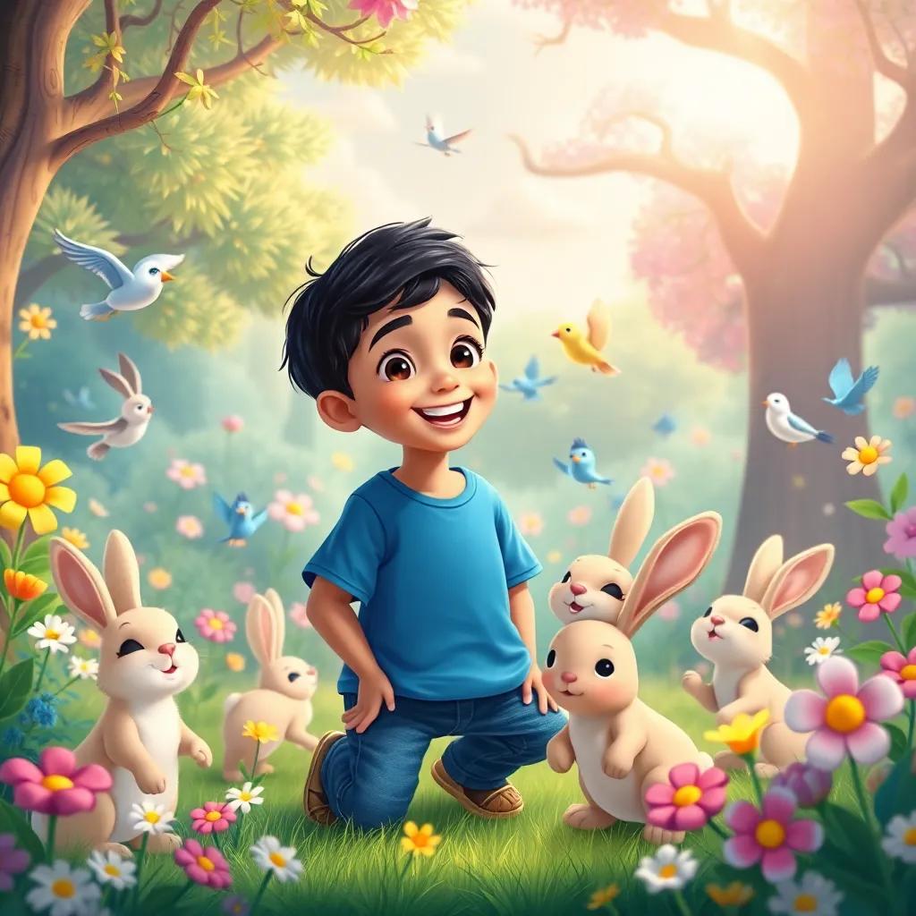 Sami, a young Arab boy with short dark hair in a blue t-shirt and jeans, happily playing with talking rabbits and singing birds in a vibrant magical forest, filled with moving flowers and friendly clouds, cheerful and uplifting scene, child-friendly illustration