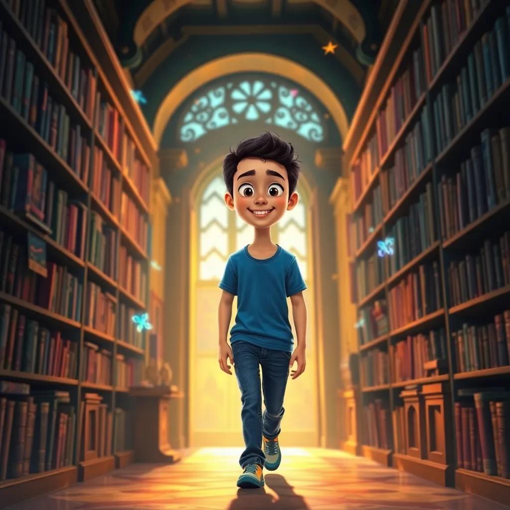 Sami, a young Arab boy with short dark hair in a blue t-shirt and jeans, re-entering the old library with a nostalgic smile, colorful memories swirling around him, warm light, heartwarming and magical atmosphere, high quality