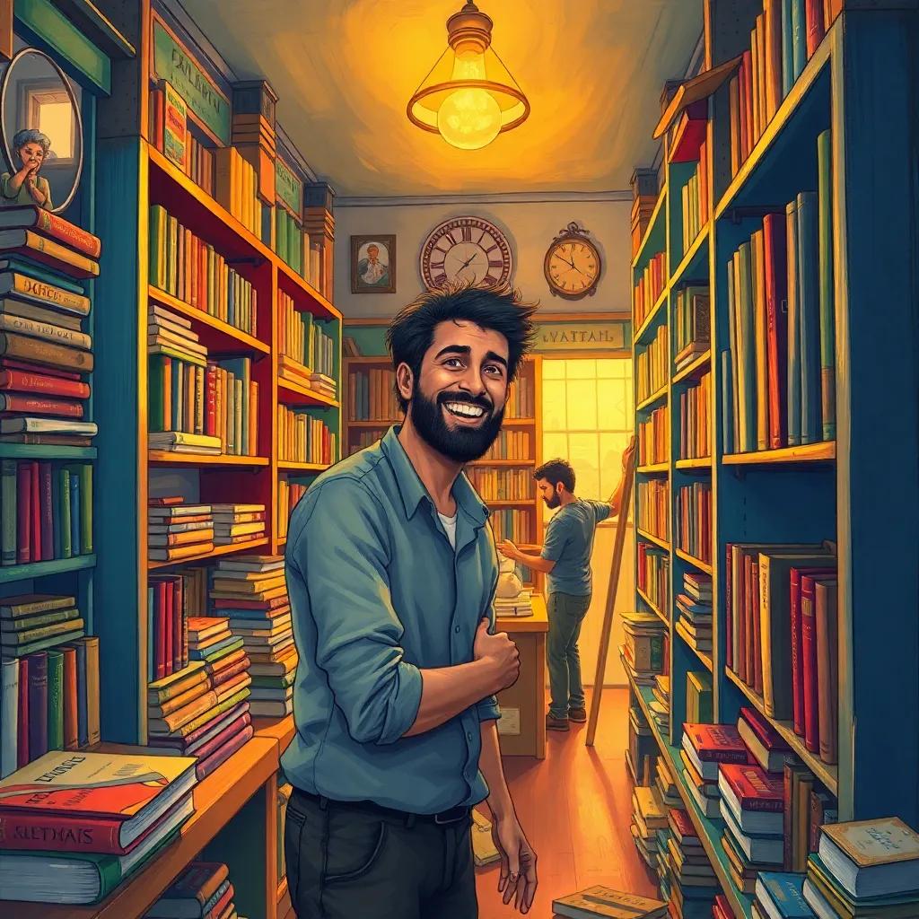 Salem, a young Arab man in his late twenties, joyfully cleaning and organizing the inside of his bookstore, with bookshelves being built and a friend helping, colorful decor, glowing warm light, cozy perspective, heartwarming scene, illustration