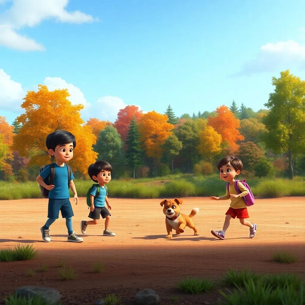 A scene in a vacant land near a small forest, three children playing after school, with a dog Rocky following them, colorful trees in the background, digital art, vibrant colors, friendly atmosphere, engaging view, high quality.