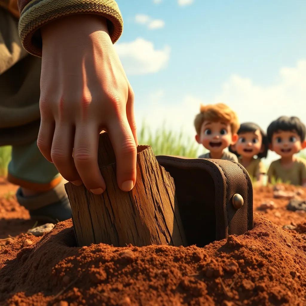 A close-up of Adam's hand hitting buried wood in the ground, with the old leather pouch of the chest partly showing, the children's excited faces in the background, digital painting, bright colors, zoomed perspective, high detail.