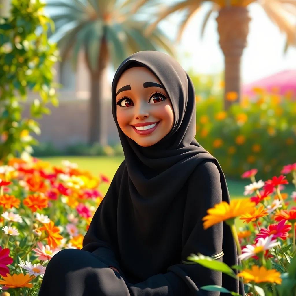 A smiling Emirati woman, Layla, wearing a traditional black abaya, sitting in a sunny garden with colorful flowers around her, talking about her culture, digital art, vibrant colors, warm atmosphere, cheerful perspective, high quality