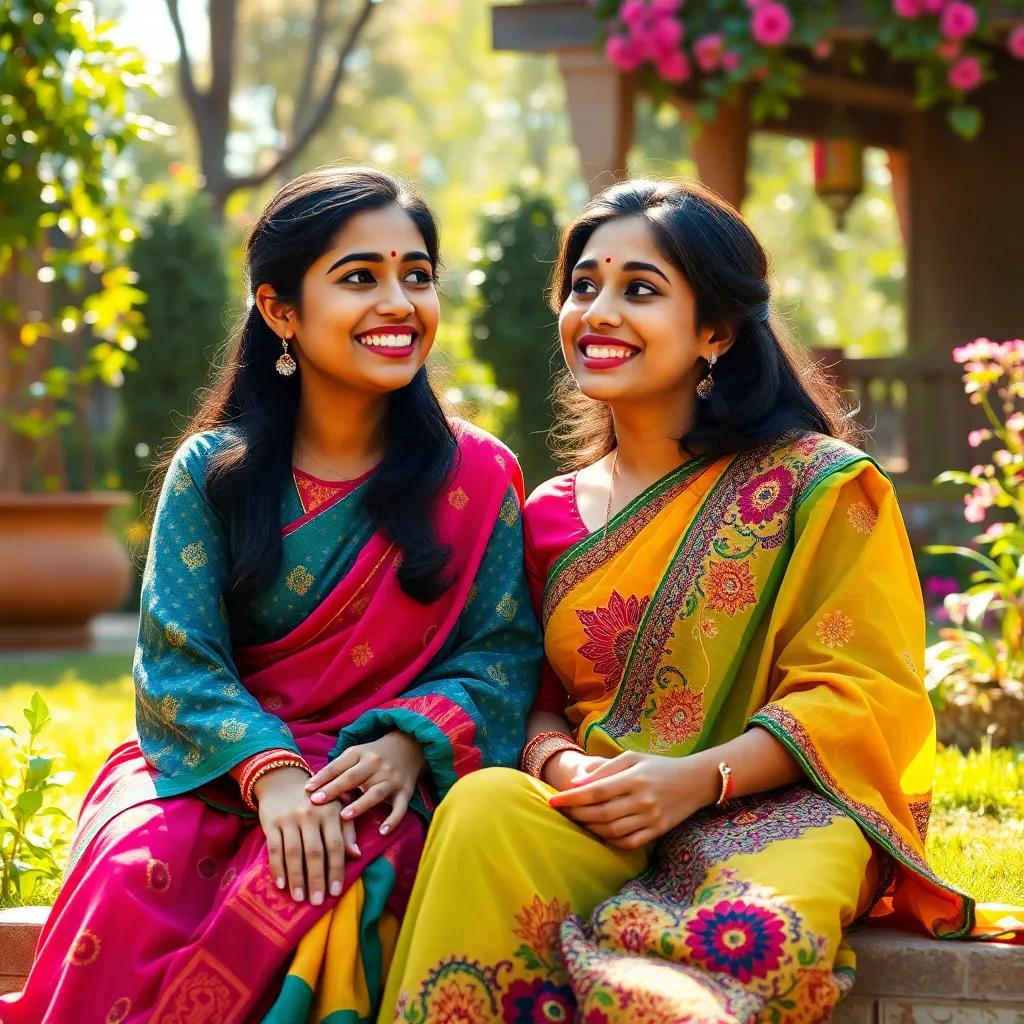A joyful Pakistani woman, Aisha, in a colorful sari, sitting next to Layla in the garden, explaining her traditional attire, bright sunlight, intricate details in the sari, joyful atmosphere, colorful perspective, high quality