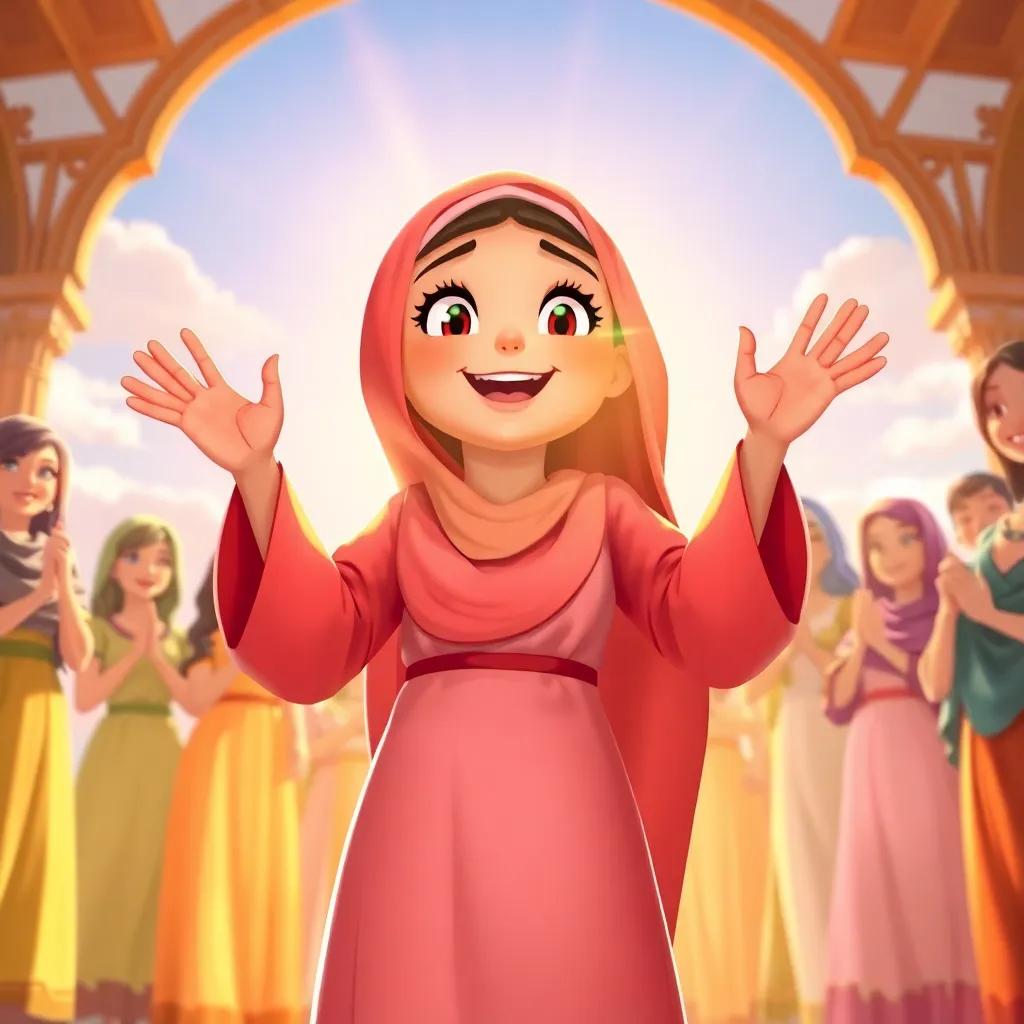 Layla gesturing excitedly, wearing her beautiful abaya, with the sun shining brightly, surrounded by her friends in traditional dresses, cheerful and lively scene, digital painting, warm colors, inviting ambiance, friendly perspective, high quality