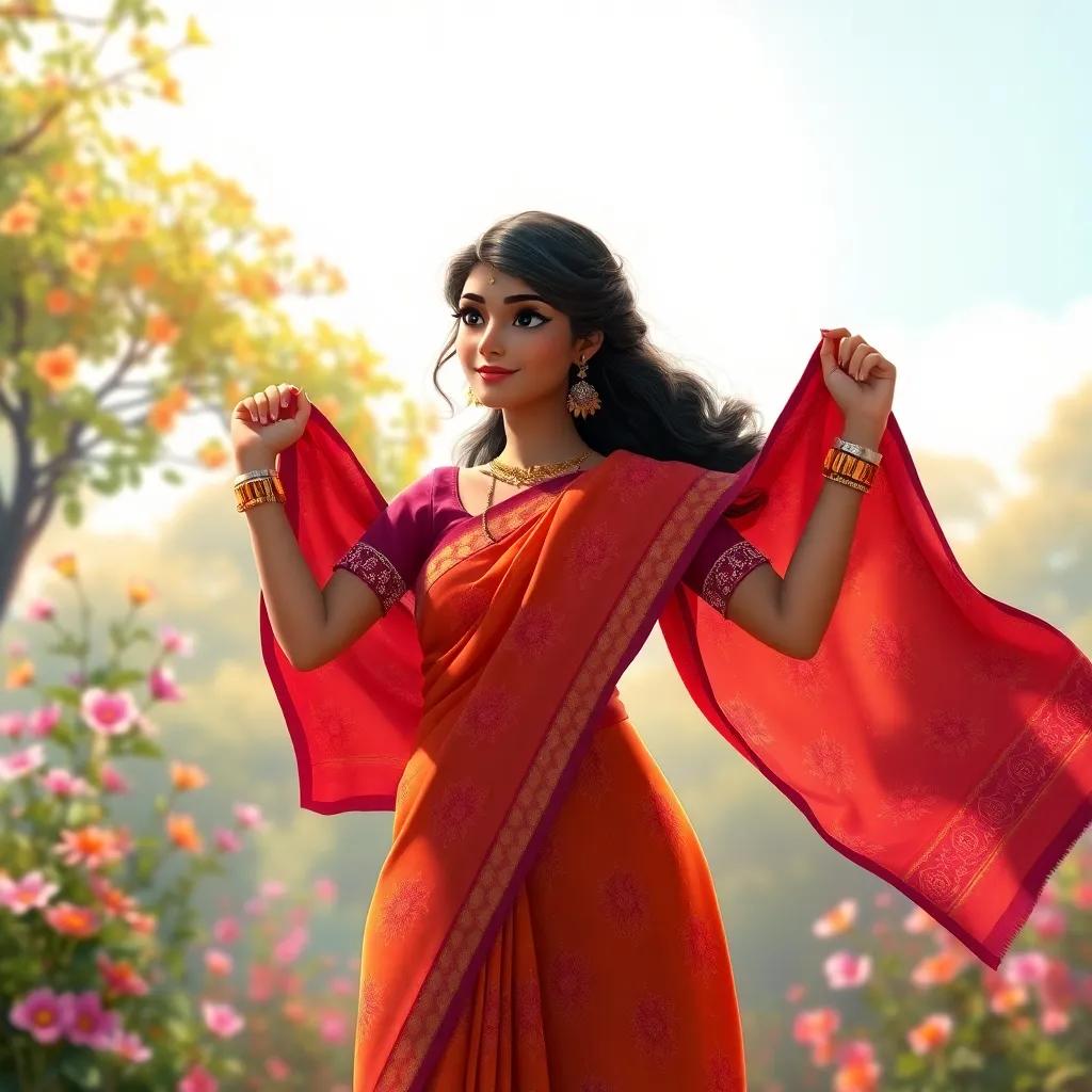 Aisha showcasing her sari, with beautiful patterns dancing in the breeze, bright flowers and trees in the background, vibrant colors, storytelling view, fantasy atmosphere, high quality