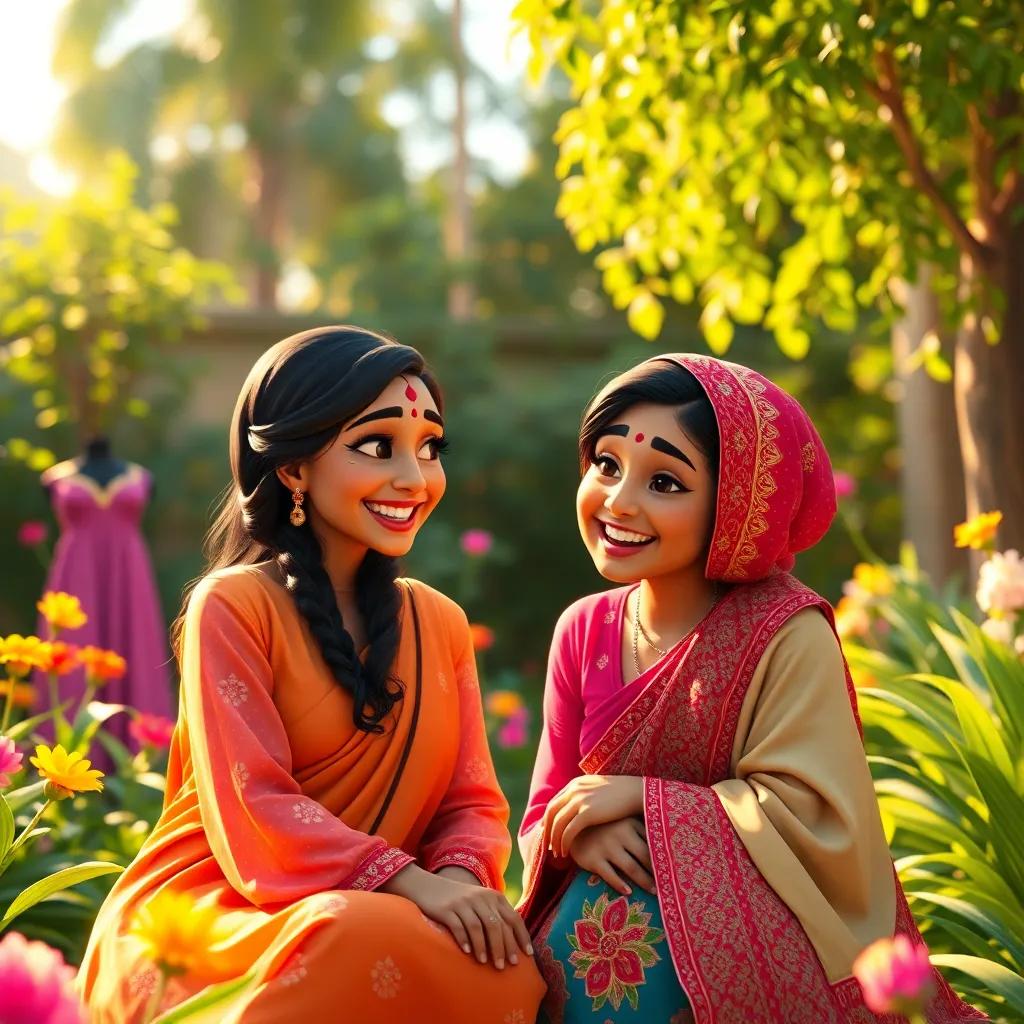 Layla and Aisha smiling together in the garden, sharing stories about their traditional attire, colorful dresses around them, warm sunlight and soft shadows, joyful and inviting scene, heartwarming perspective, high quality