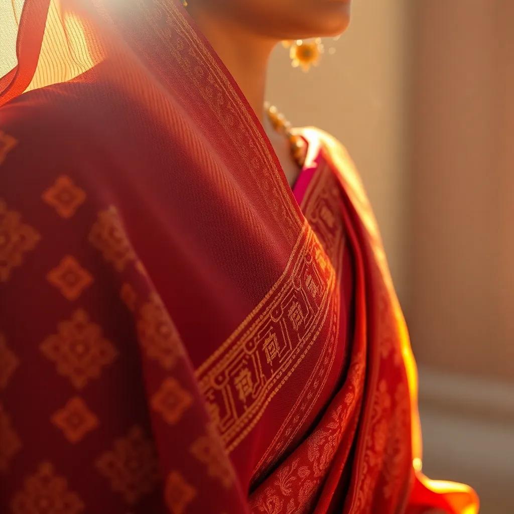 A close-up of Aisha's intricate sari, showcasing beautiful embroidered details, with bright sunlight highlighting the colors, vibrant details, high quality