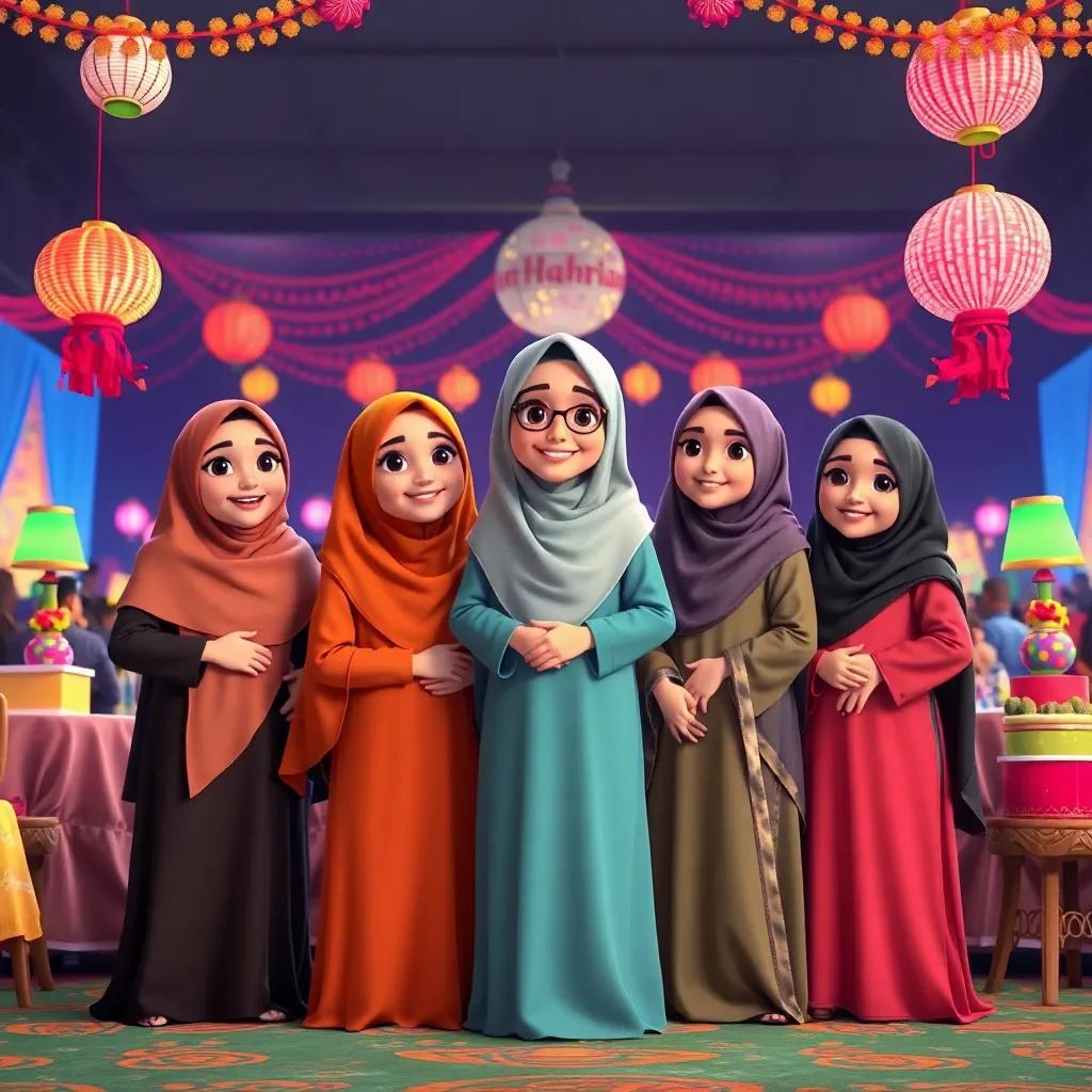 Layla with her family wearing different styles of abayas at a festive gathering, colorful decorations around, cheerful atmosphere, digital art, heartwarming colors, inviting perspective, high quality