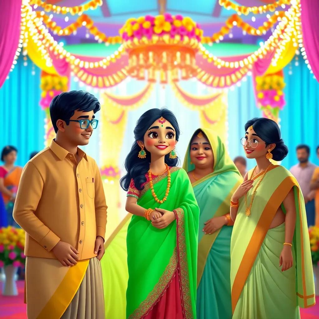 Aisha celebrating a wedding, her family wearing matching saris, colorful setup with lights and flowers, festive atmosphere, joyful perspective, high quality