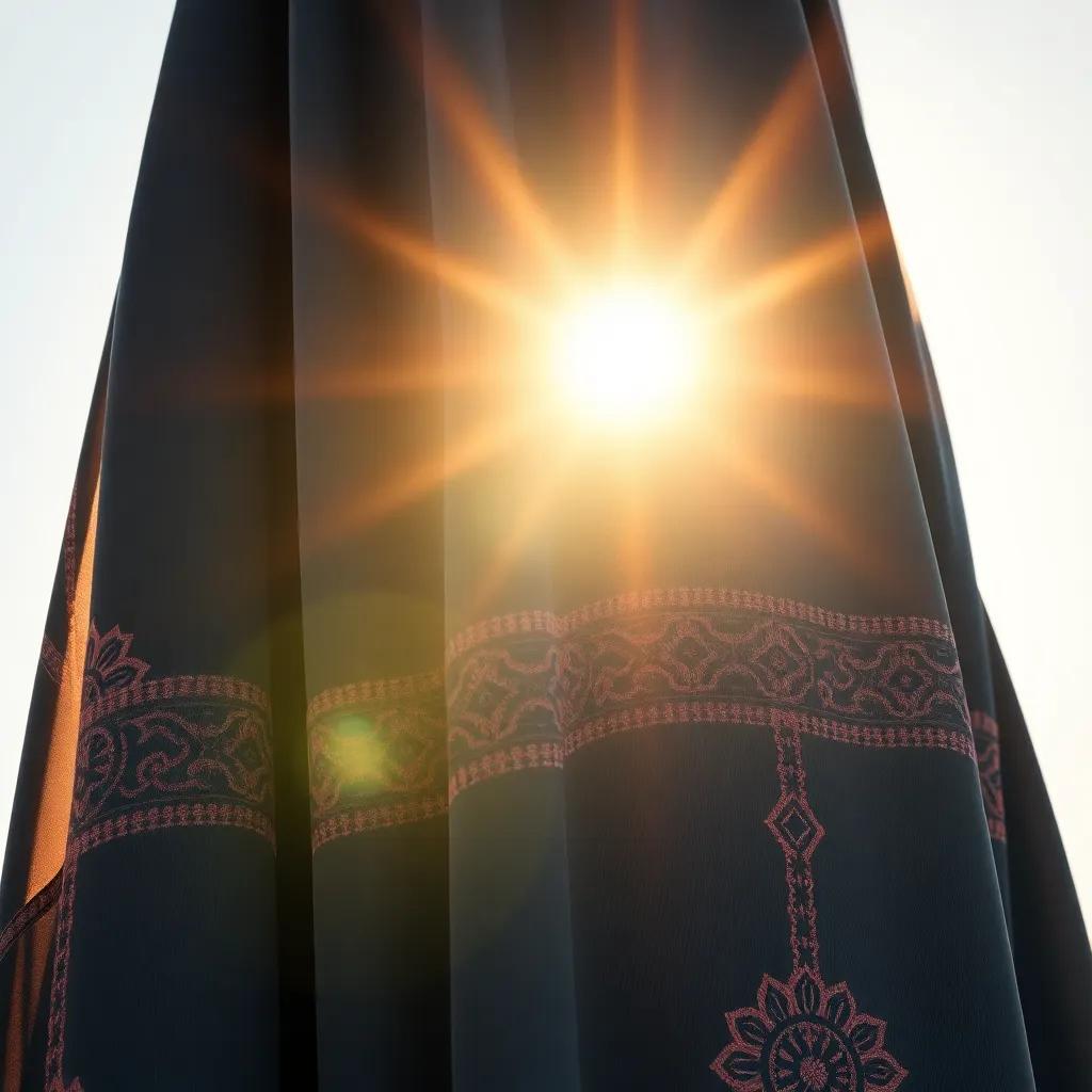 A close-up of Layla's abaya with beautiful stitching and designs under the sunlight, showcasing attention to detail, vibrant colors, high quality