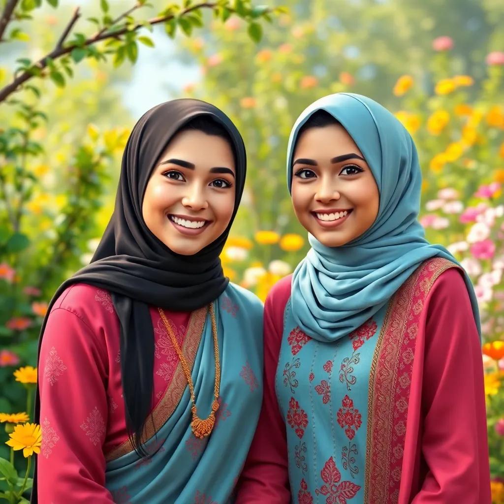 A portrait of both women, Layla and Aisha, smiling together while wearing their traditional attires, in a colorful garden setting with flowers, joyful summer day, vibrant colors, heartwarming scene, high quality