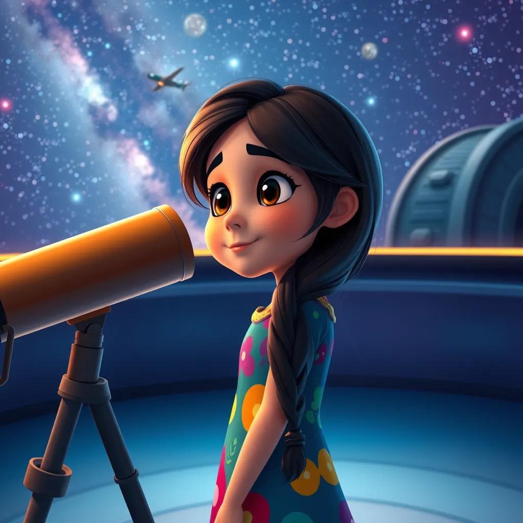 A young Arab girl, ملاك, with long, dark hair, wearing a colorful dress, looking through a telescope at a starry sky at a space observatory, digital art, vibrant colors, magical atmosphere, inquisitive expression, high quality