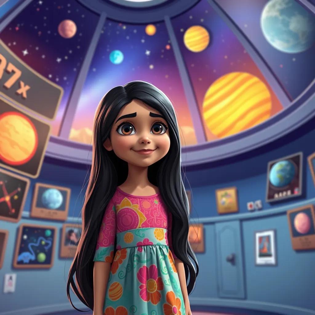 A young Arab girl, ملاك, with long, dark hair, wearing a colorful dress, standing inside a space observatory, surrounded by pictures of stars and planets, digital painting, cheerful, bright colors, educational environment, high quality