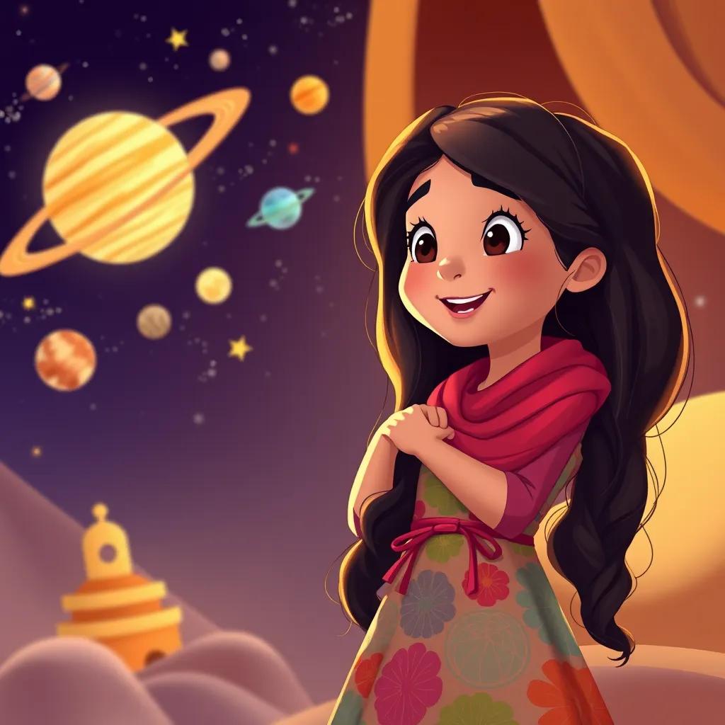 A young Arab girl, ملاك, with long, dark hair, wearing a colorful dress, looking excited while learning from her father about the stars and planets, warm lighting, joyful atmosphere, child-friendly illustration, high quality