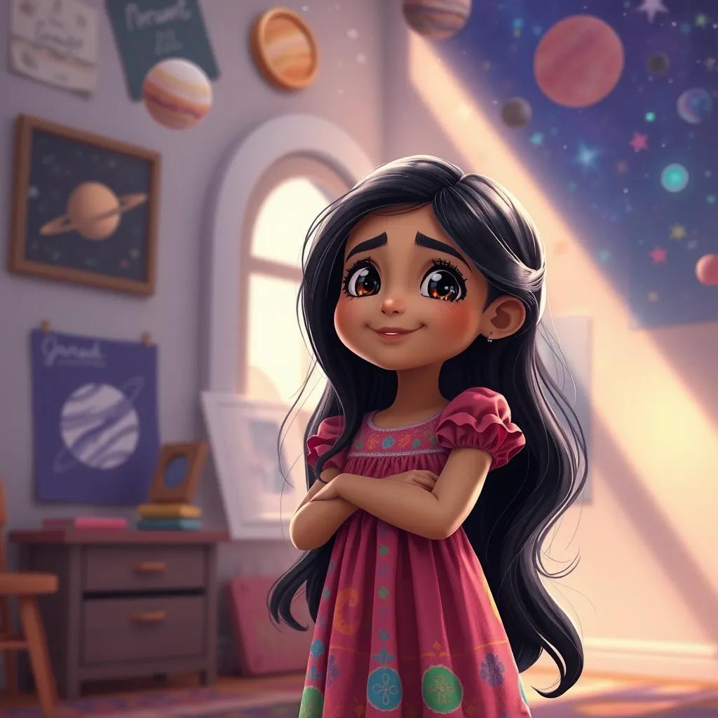 A young Arab girl, ملاك, with long, dark hair, wearing a colorful dress, dreaming of becoming an astronomer, surrounded by drawings of planets and stars in a bright room, fantasy art, hopeful expression, vibrant colors, high quality