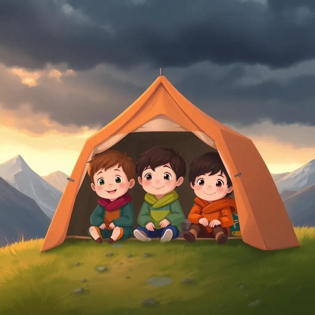 Three children sitting in a small tent in the mountains, with soft, warm colors, cheerful expressions despite the dark clouds above, detailed illustration, child-friendly