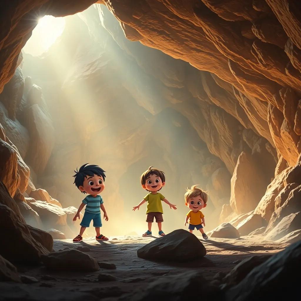 Three children in a mysterious large cave with bright rocks and soft light, expressing relief and joy, warm colors, high-quality detail, exciting atmosphere