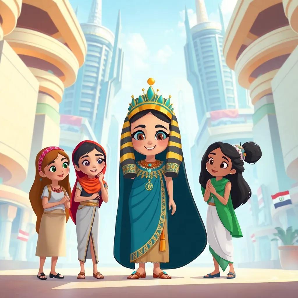 Titi Cheri, an ancient Egyptian queen, surrounded by modern girls from Egypt, Palestine, Lebanon, and Syria, in a bright city with futuristic skyscrapers, lively conversation, illustration, cheerful, engaging, child-friendly