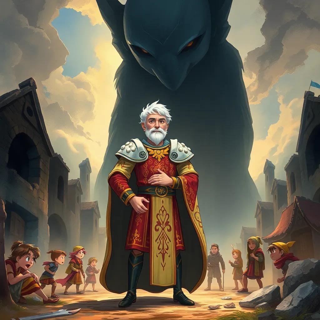 A brave king with shining white hair wearing an ornate royal robe, standing confidently in a ruined village with worried villagers around, and a giant shadow looming over him, dramatic atmosphere, digital art, vivid colors, high detail, epic perspective