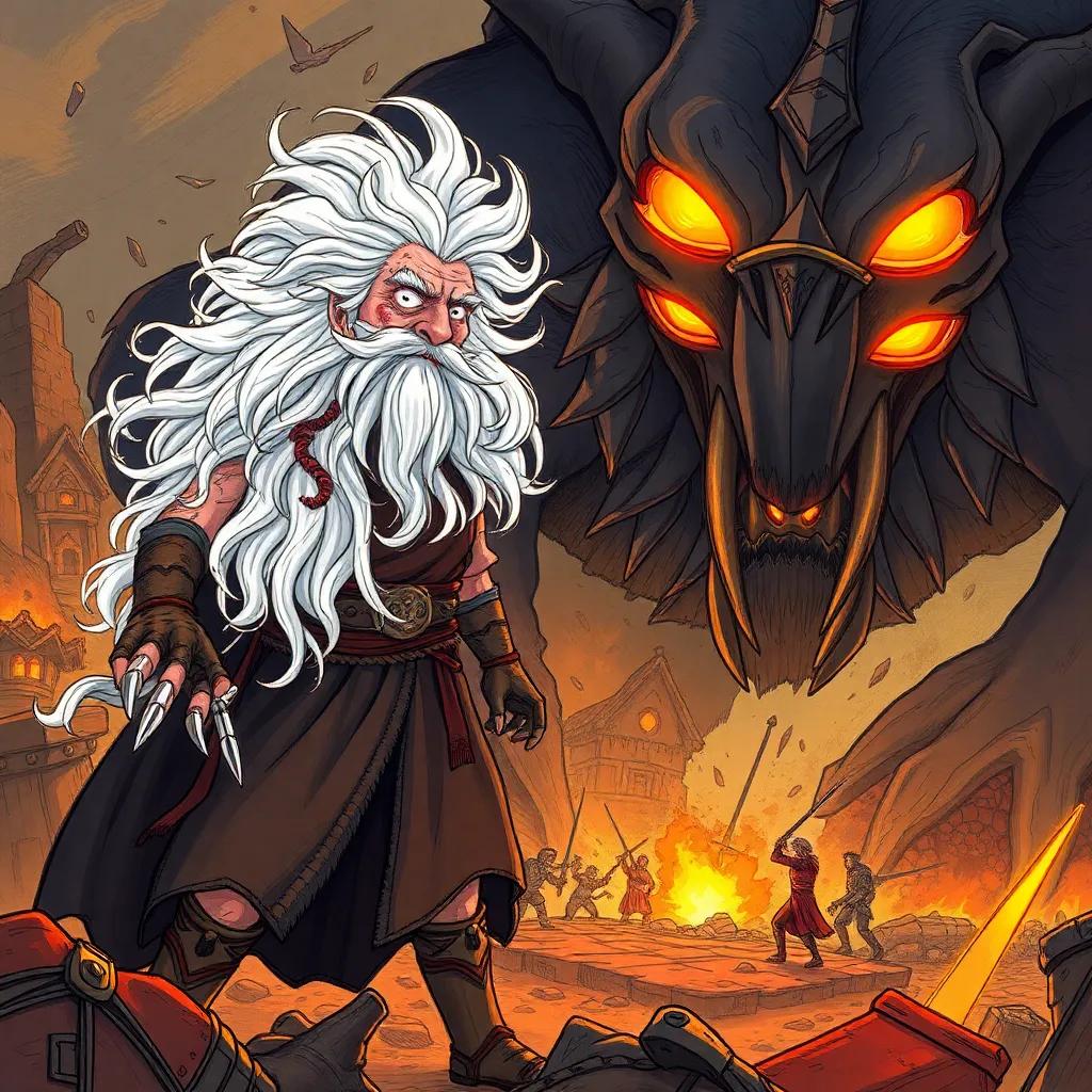 A mighty king with shining white hair, exhausted and wounded, determinedly standing tall against a gigantic beast with glowing eyes, amidst a chaotic battlefield, capturing the moment of struggle, illustrated with high intensity, warm light, action-packed scene