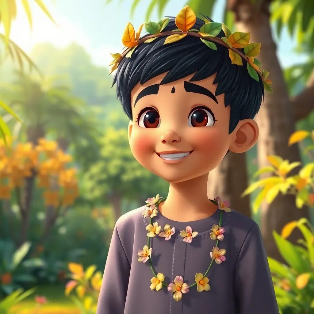 A young Arab boy, Sami, with short black hair wearing a crown made of leaves and a necklace of flowers, standing happily in front of a sunny forest, vibrant greenery, playful atmosphere, colorful, digital art, cheerful tone, storytelling view