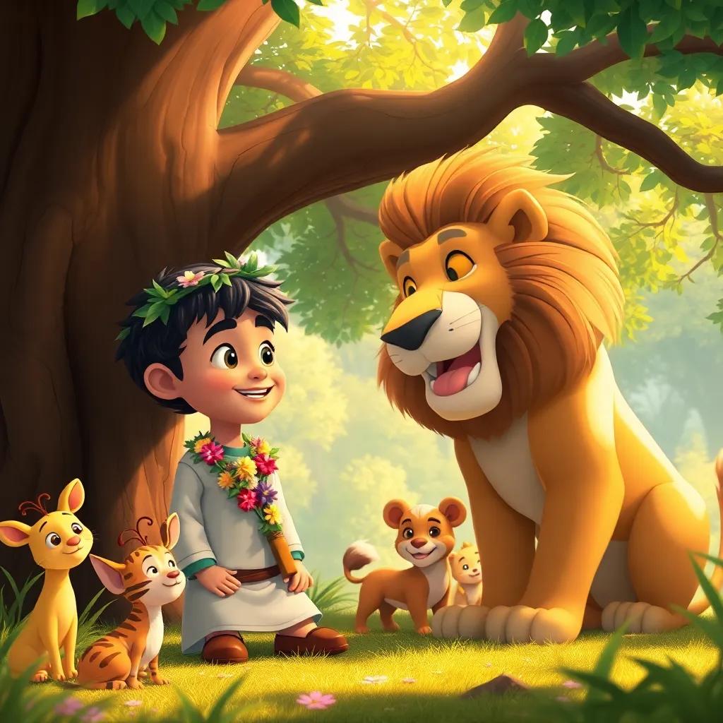 Sami, a young Arab boy with short black hair, dressed in a leaf crown and flower necklace, talking to a large friendly lion under a big tree, surrounded by cheerful animals of the forest, warm light, vibrant colors, fantasy setting, child-friendly