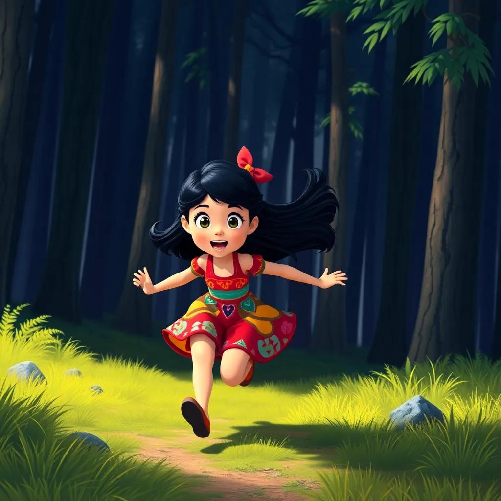 A brave girl, Malouka, with long dark hair, wearing a colorful dress, running towards a dark forest, with excited expression, surrounded by tall trees, digital art, vibrant, adventurous atmosphere, high quality