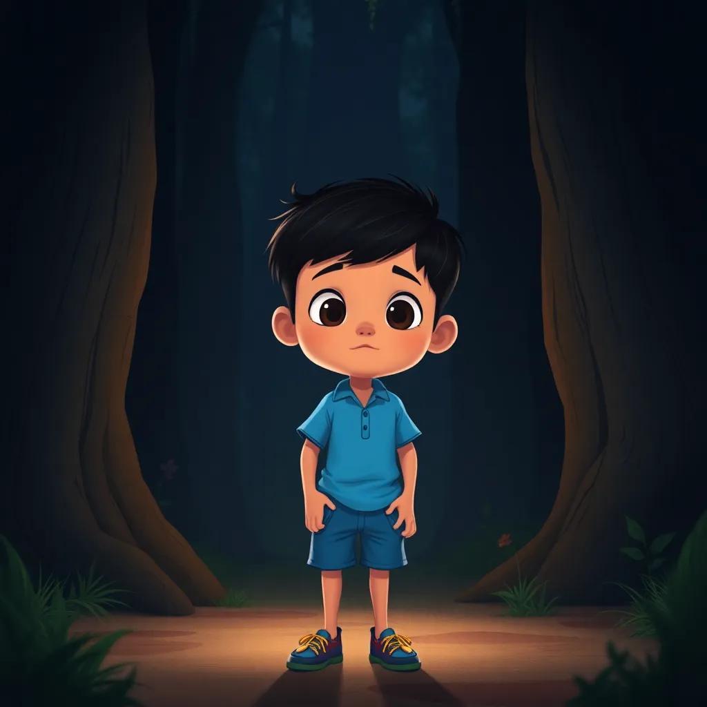 A young boy, Mustafa, with short black hair, wearing a blue shirt and shorts, hesitating at the entrance of a dark forest, with shadows and mysterious sounds around, illustration, captivating, engaging, child-friendly, high quality
