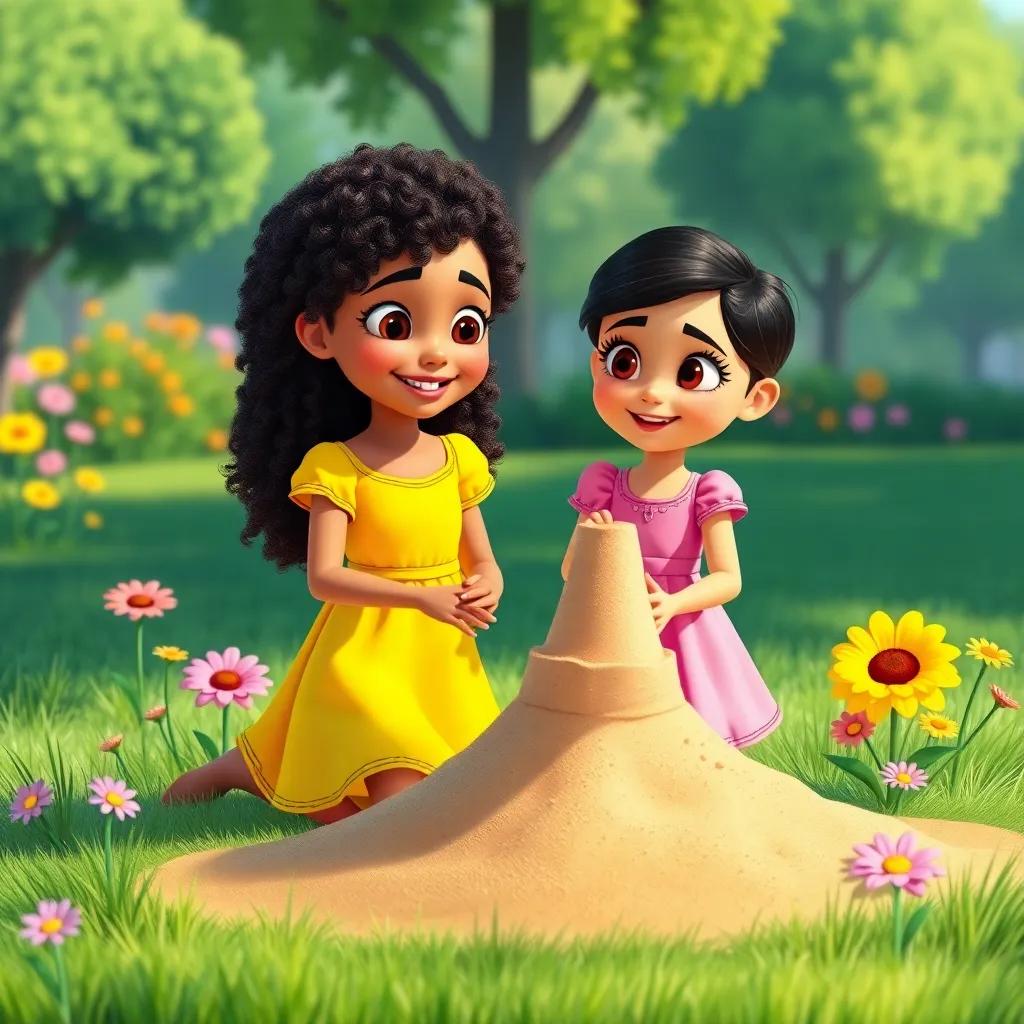 A sunny park scene depicting two sisters, Malika with long, curly hair wearing a bright yellow dress and Maryam with short hair in a cute pink dress, building a sandcastle together, surrounded by green grass and colorful flowers, playful atmosphere, cheerful mood, vibrant colors, digital art, high quality