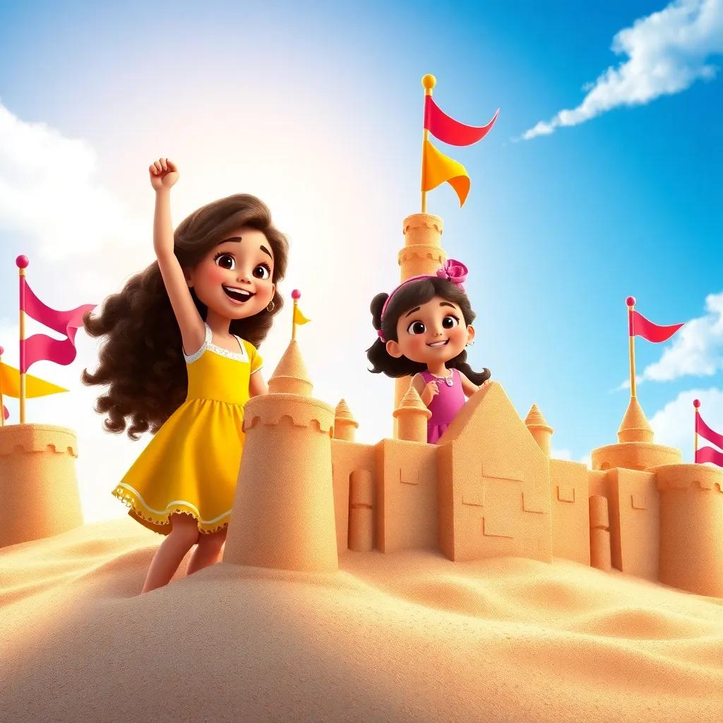 A beautiful sandcastle adorned with flags, with two excited sisters, Malika with long, curly hair in a sunny yellow dress and Maryam with a cute pink dress, excitedly admiring their creation, under a bright blue sky and sunshine, colorful and whimsical, rich detail, joyful and warm lighting