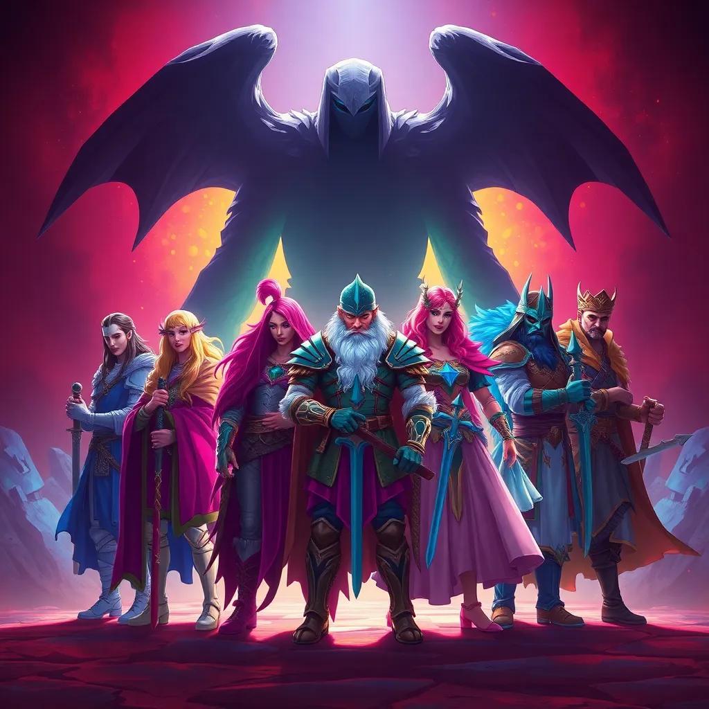A group of seven kingdoms represented by diverse warriors, standing united against a dark shadow, lively colors, fantasy art, epic atmosphere, bright and hopeful lighting