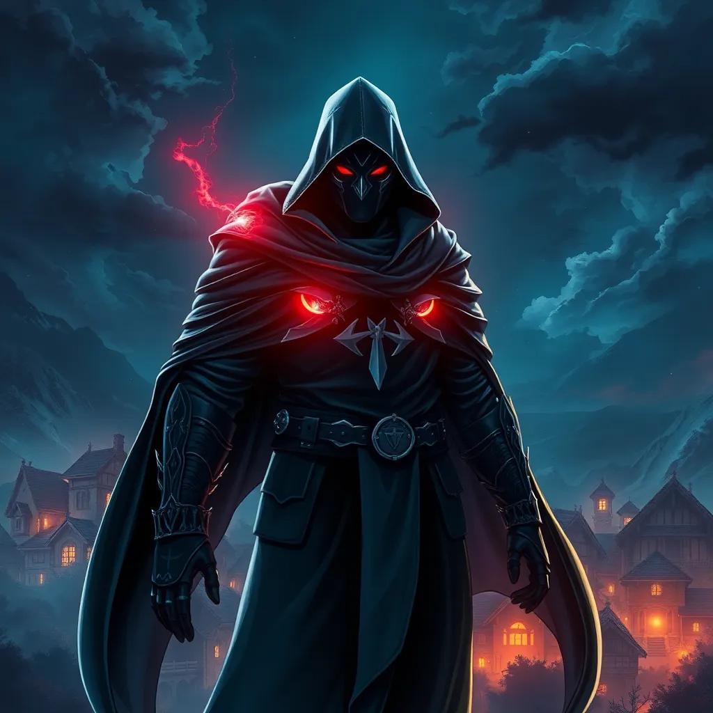 A brave hero known as the Shadow Hero, with a cloak and mask, standing protectively over a village at night, magical lights glowing around him, dramatic and mysterious, high-quality detail, fantasy illustration