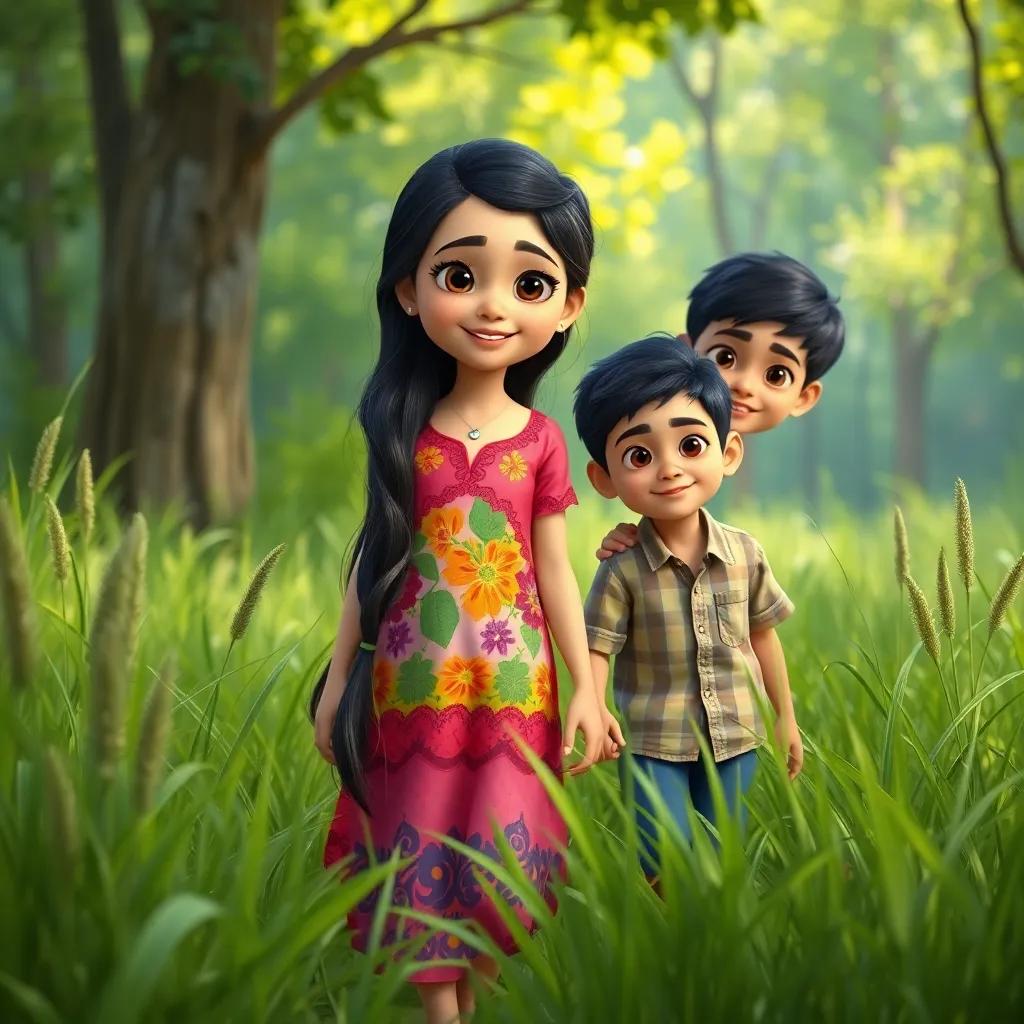 A young Arab girl, Nora, with long, dark hair, wearing a colorful dress, walking through tall grass with a young Arab boy, Shahab, with short black hair wearing a casual shirt, bright and lively forest background, vibrant greenery, cheerful atmosphere, digital art, high quality